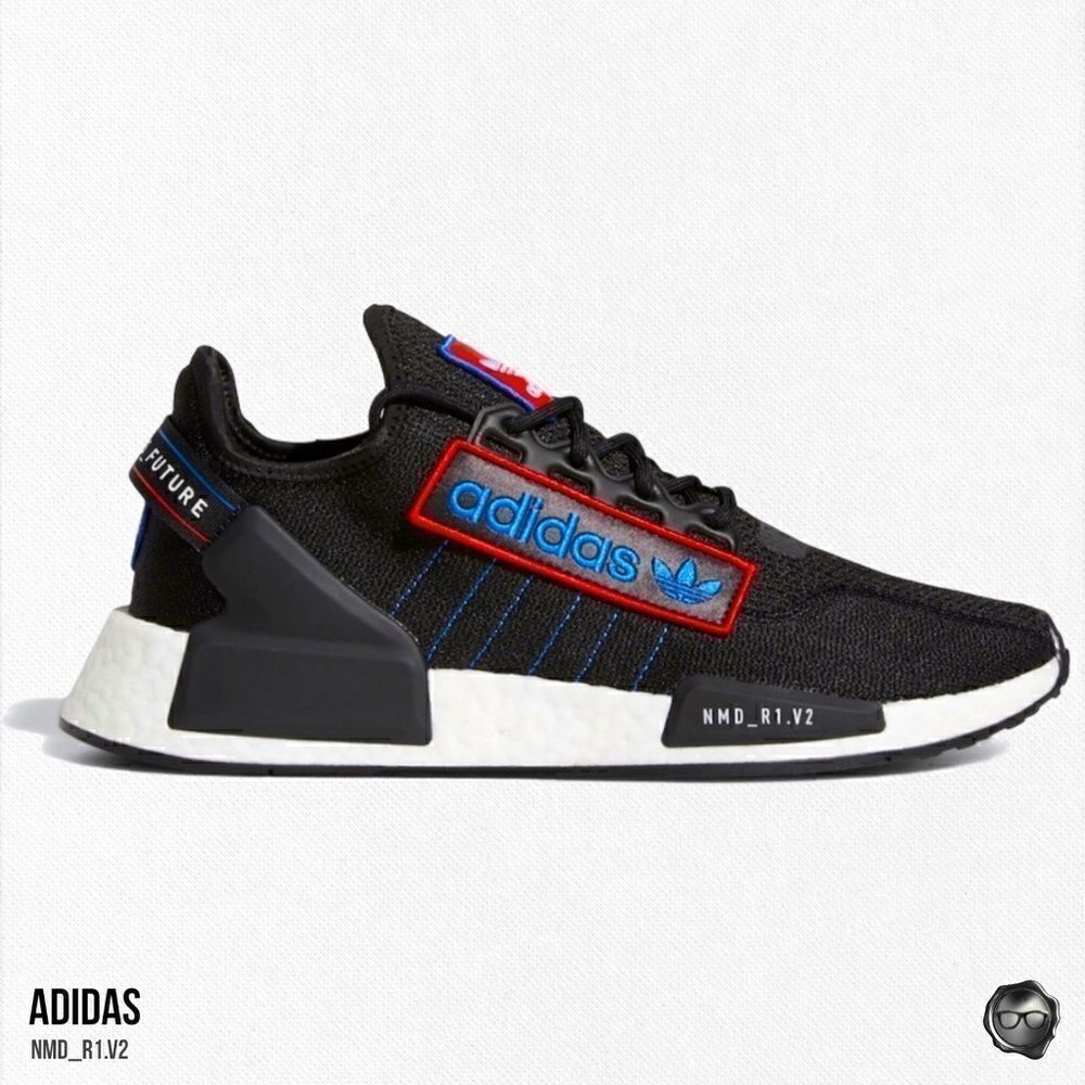 ADIDAS ORIGINALS NMD_R1.V2 SNEAKERS IN LOGO PATCH BLACK SCARLET BLUE MEN’S 8.5